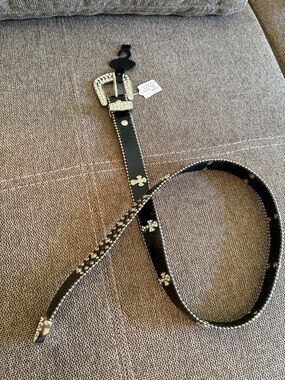 Black Rhinestone Floral Accent Leather Belt